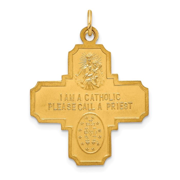 14K Solid Yellow Gold Medium Four Way Holy Cross Religious Medal Necklace Christian Pendant Scapular Charm