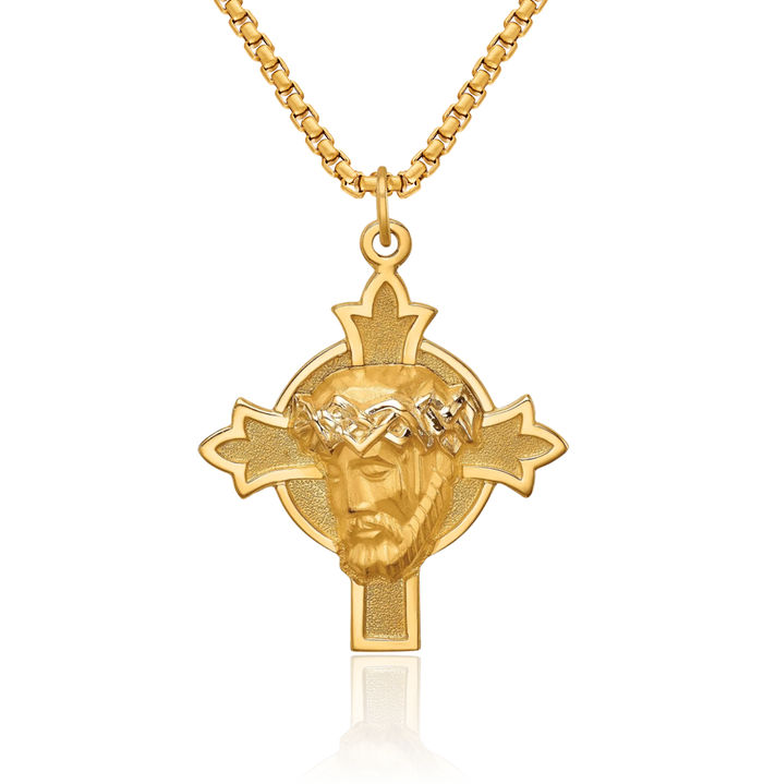 14K Solid Yellow Gold Medium Jesus Christ Head Face Medal Holy Cross Necklace Religious Chain Pendant Charm