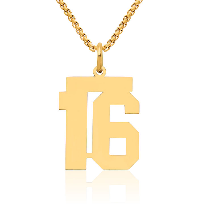 14K Solid Yellow Gold Medium Number 16 Necklace Chain Pendant Charm