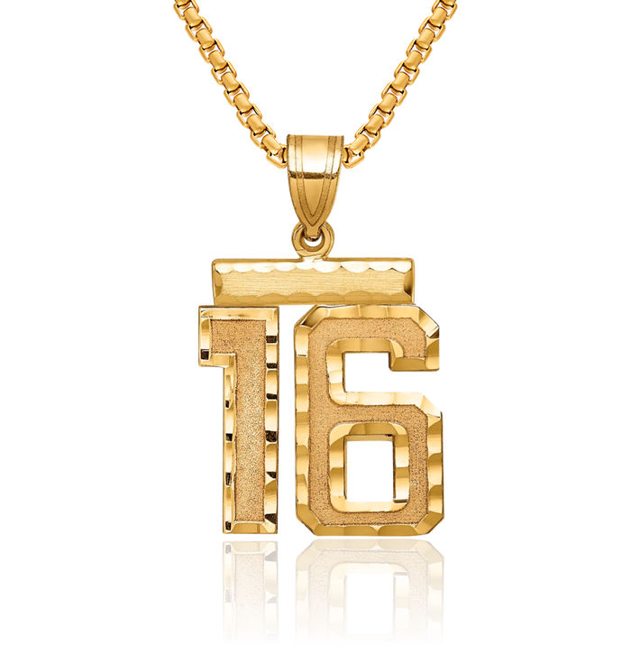 14K Solid Yellow Gold Medium Number 16 Necklace Chain Pendant Charm