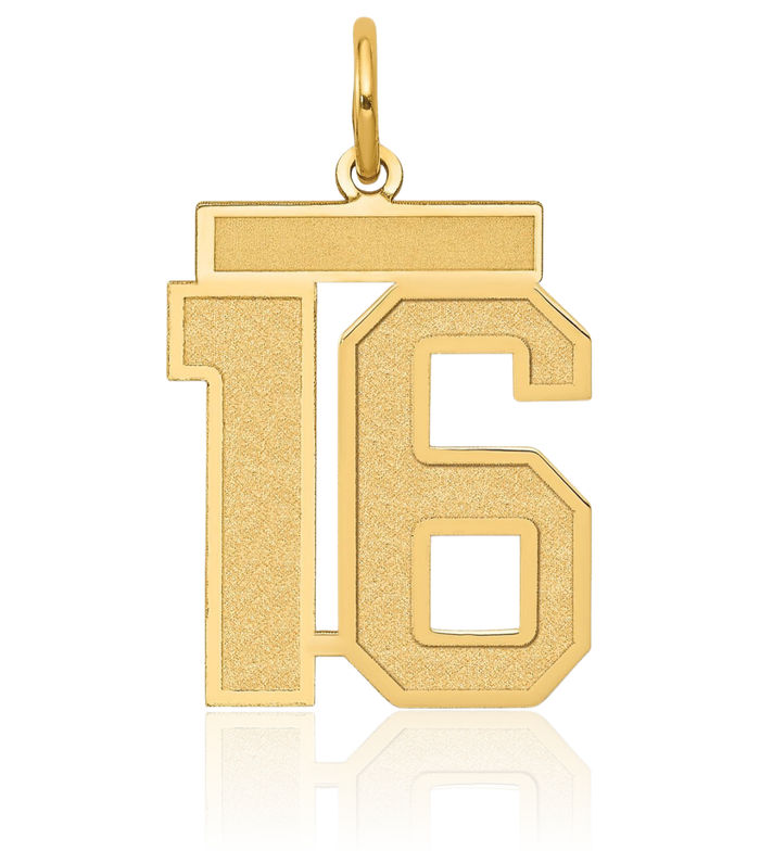 14K Solid Yellow Gold Medium Number 16 Necklace Chain Pendant Charm