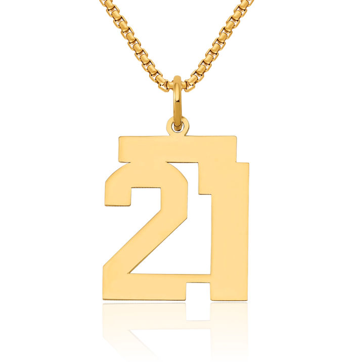 14K Solid Yellow Gold Medium Number 21 Necklace Chain Pendant Charm