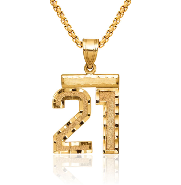 14K Solid Yellow Gold Medium Number 21 Necklace Chain Pendant Charm