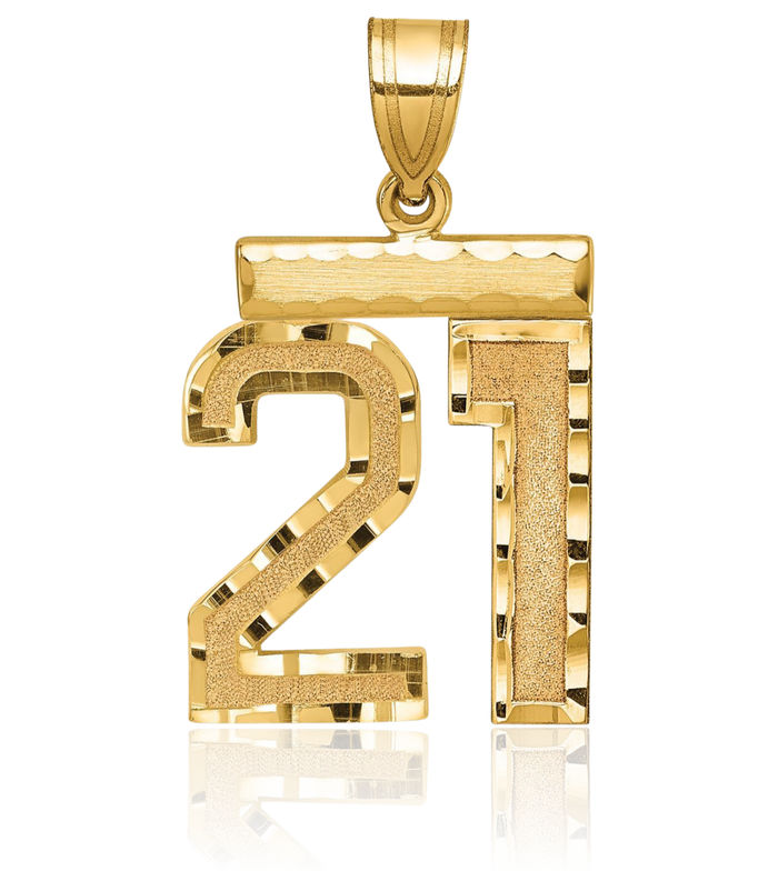 14K Solid Yellow Gold Medium Number 21 Necklace Chain Pendant Charm