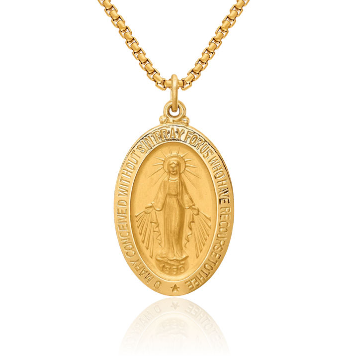 14K Solid Yellow Gold Medium Oval Our Lady of Miraculous Medal Blessed Virgin Mary Necklace Chain Pendant Charm