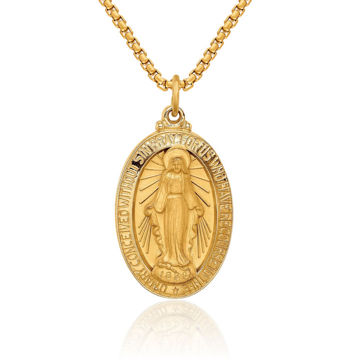 14K Solid Yellow Gold Medium Oval Our Lady of Miraculous Medal Blessed Virgin Mary Necklace Chain Pendant Charm
