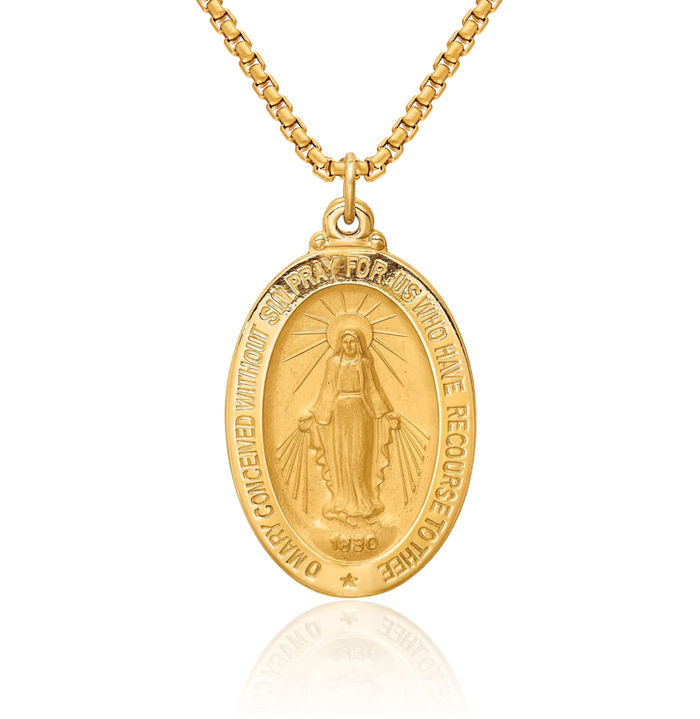 14K Solid Yellow Gold Medium Oval Our Lady of Miraculous Medal Blessed Virgin Mary Necklace Chain Pendant Charm
