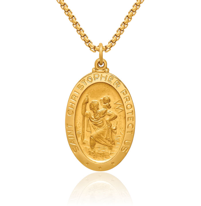 14K Solid Yellow Gold Medium Oval Saint Christopher Medal Patron of Travelers Athletes Protection Necklace Christian Religious Chain Pendant Faith Charm