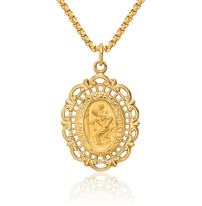 14K Solid Yellow Gold Medium Pierced Oval Saint Christopher Medal Patron of Travelers Athletes Protection Necklace Christian Religious Chain Pendant Faith Charm