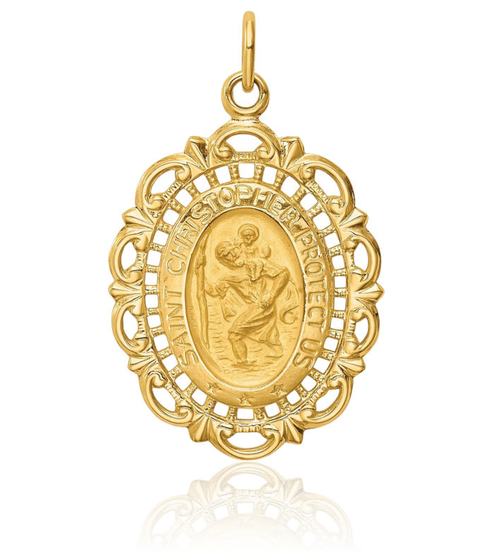 14K Solid Yellow Gold Medium Pierced Oval Saint Christopher Medal Patron of Travelers Athletes Protection Necklace Christian Religious Chain Pendant Faith Charm