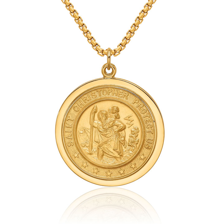 14K Solid Yellow Gold Medium Round Disc Saint Christopher Medal Patron of Travelers Athletes Protection Necklace Christian Religious Chain Pendant Faith Charm