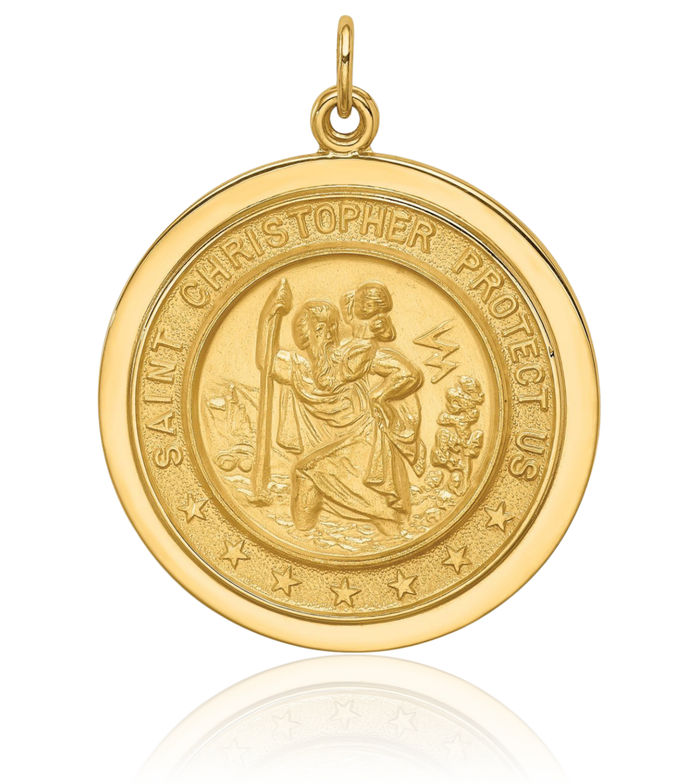 14K Solid Yellow Gold Medium Round Disc Saint Christopher Medal Patron of Travelers Athletes Protection Necklace Christian Religious Chain Pendant Faith Charm