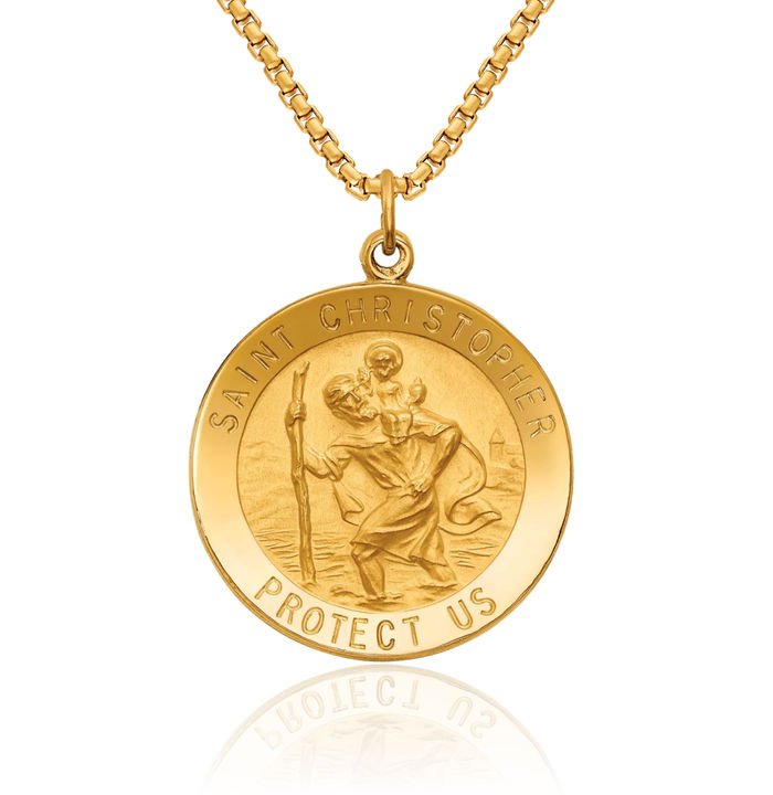 14K Solid Yellow Gold Medium Round Saint Christopher Medal Patron of Travelers Athletes Protection Necklace Christian Religious Chain Pendant Faith Charm