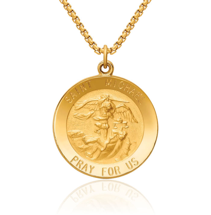 14K Solid Yellow Gold Medium Round Saint Michael Medal Protects Us Patron Archangel Guardian Angel Wings Necklace Christian Religious Chain Pendant Faith Charm