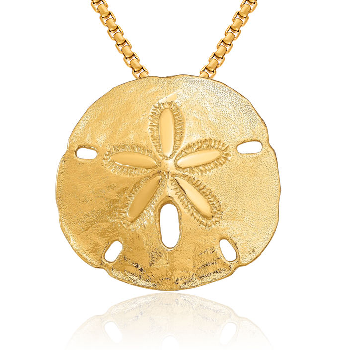 14K Solid Yellow Gold Medium Sand Dollar Sea Star Starfish Slide Necklace Chain Pendant Charm