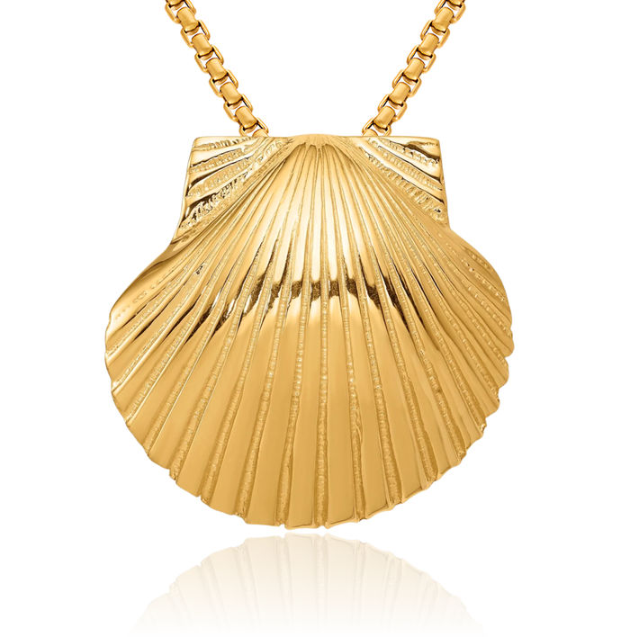 14K Solid Yellow Gold Medium Scallop Shell Slide Necklace Chain Pendant Charm