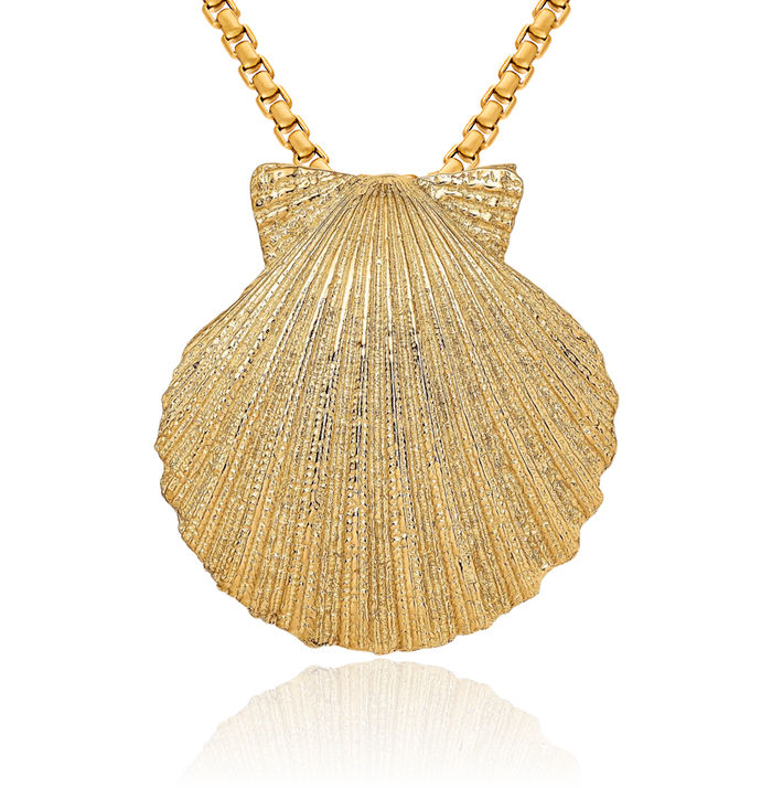 14K Solid Yellow Gold Medium Scallop Shell Slide Necklace Chain Pendant Charm