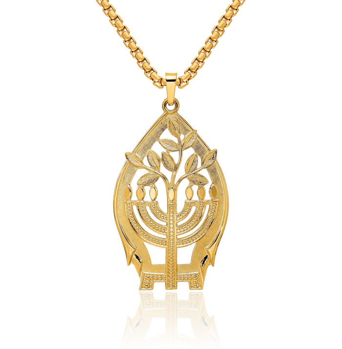 14K Solid Yellow Gold Menorah Tree of Life Necklace Judaica Religious Chain Pendant Israel Charm