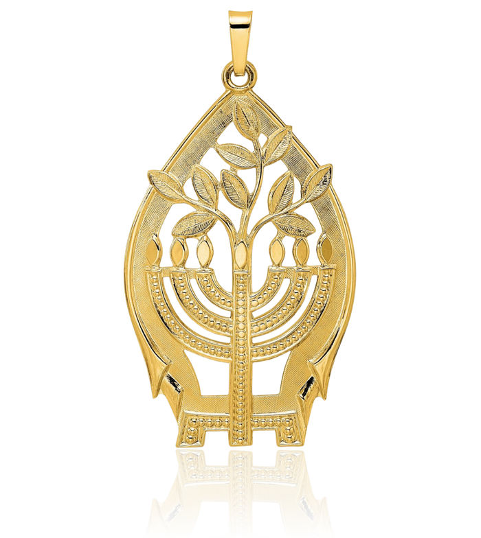 14K Solid Yellow Gold Menorah Tree of Life Necklace Judaica Religious Chain Pendant Israel Charm