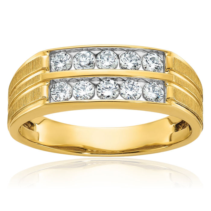 14K Solid Yellow Gold Mens 2 Row Diamond Wedding Band Statement Ring