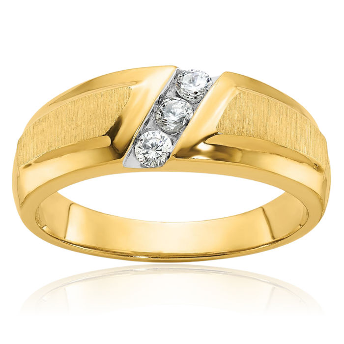 14K Solid Yellow Gold Mens 3 Stone Diamond Wedding Band Statement Ring