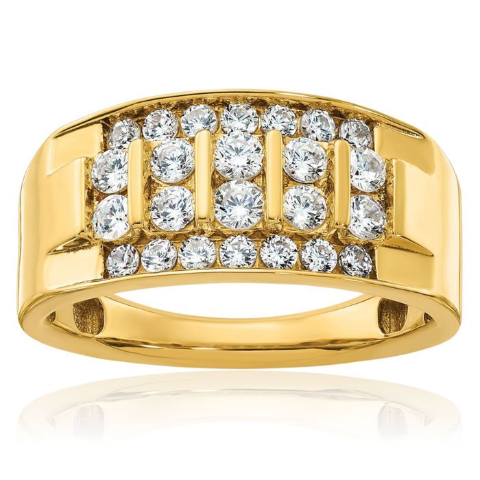 14K Solid Yellow Gold Mens 4 Row Diamond Statement Ring