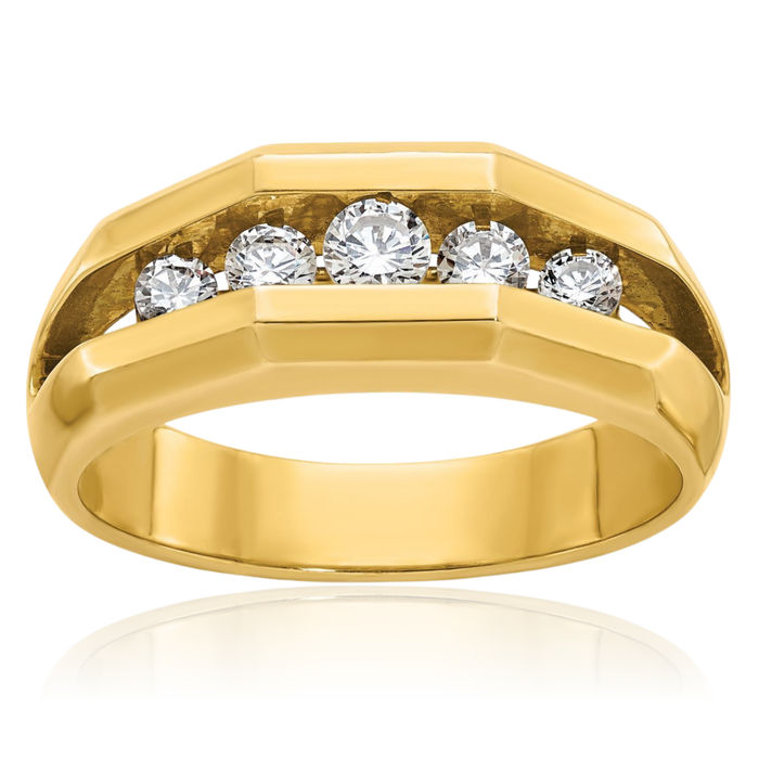 14K Solid Yellow Gold Mens 5 Stone Diamond Wedding Band Ring