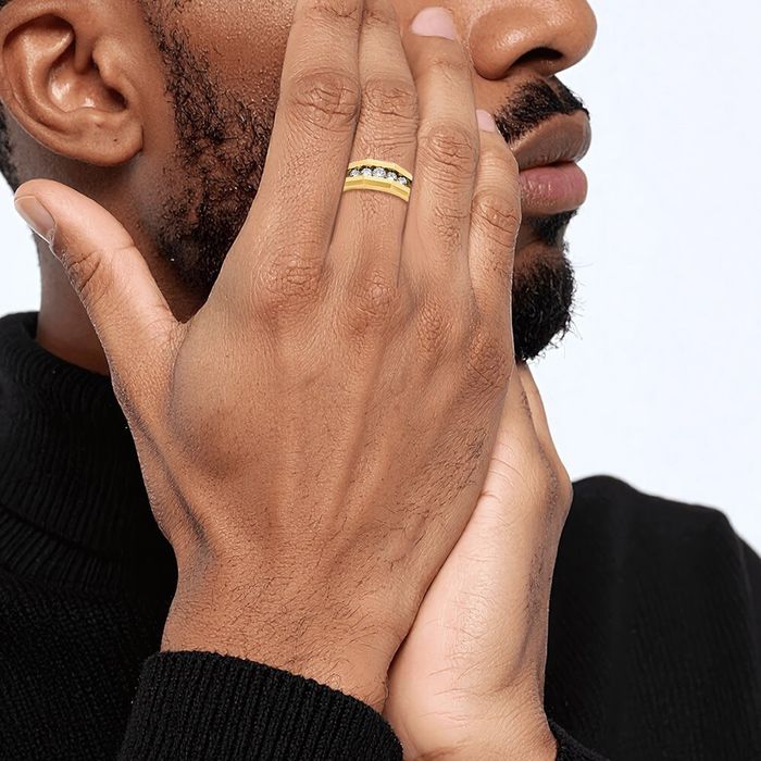 14K Solid Yellow Gold Mens 5 Stone Diamond Wedding Band Ring
