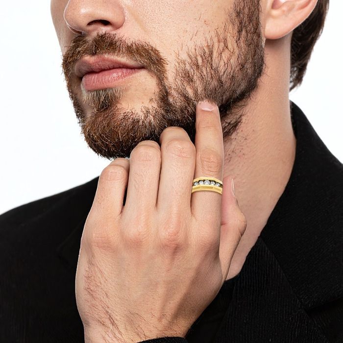 14K Solid Yellow Gold Mens 5 Stone Diamond Wedding Band Ring