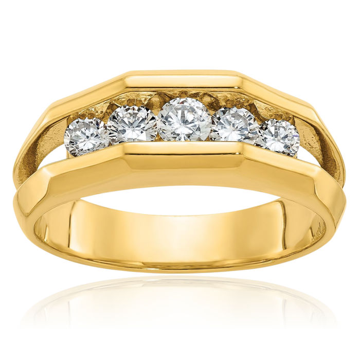 14K Solid Yellow Gold Mens 5 Stone Diamond Wedding Band Ring