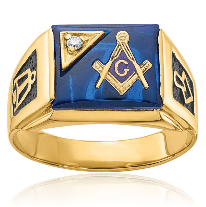 14K Solid Yellow Gold Mens Black Blue Spinel Diamond Master Mason Signet Freemason Masonic Ring