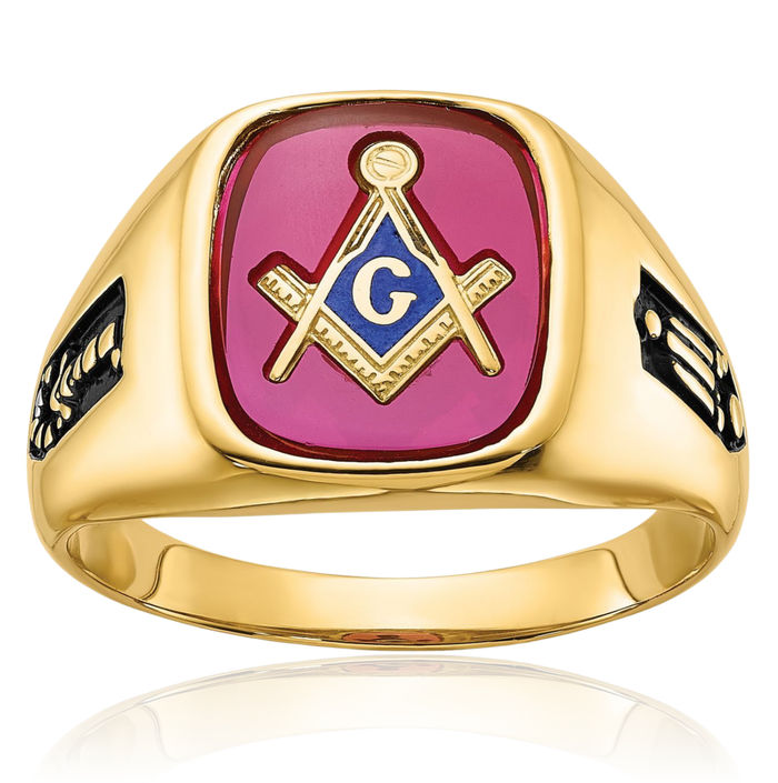 14K Solid Yellow Gold Mens Black Lab Red Ruby Master Mason Signet Freemason Masonic Ring