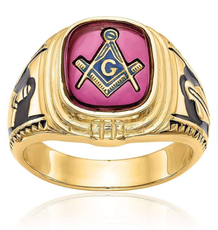 14K Solid Yellow Gold Mens Black Lab Red Ruby Master Mason Signet Freemason Masonic Ring