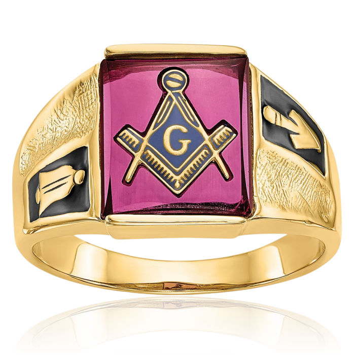 14K Solid Yellow Gold Mens Black Lab Red Ruby Master Mason Signet Freemason Masonic Ring