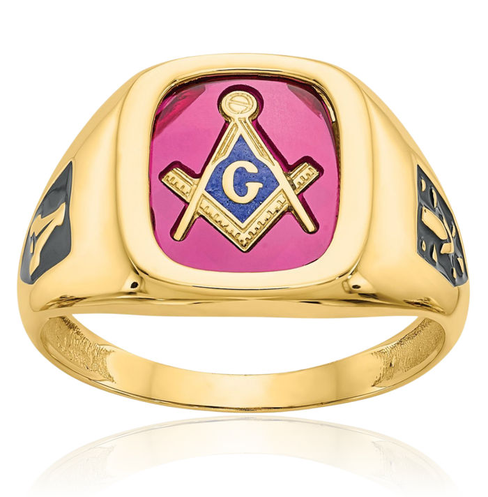 14K Solid Yellow Gold Mens Black Lab Red Ruby Master Mason Signet Freemason Masonic Ring