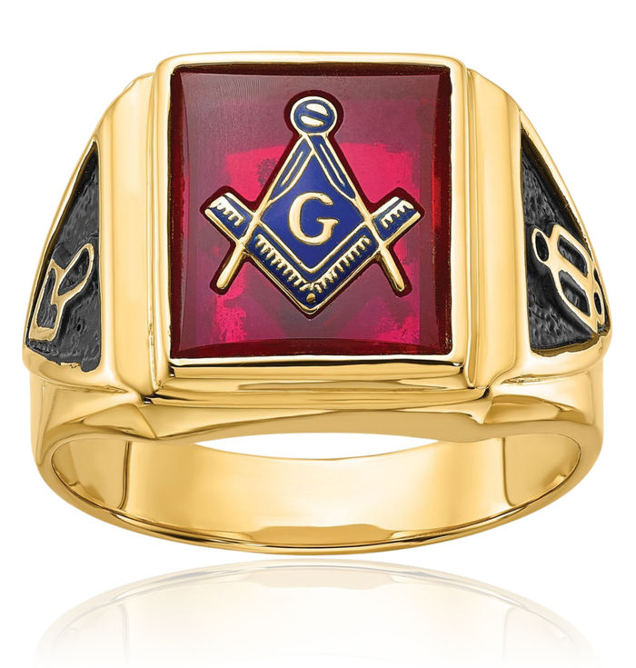 14K Solid Yellow Gold Mens Black Lab Red Ruby Master Mason Signet Freemason Masonic Ring