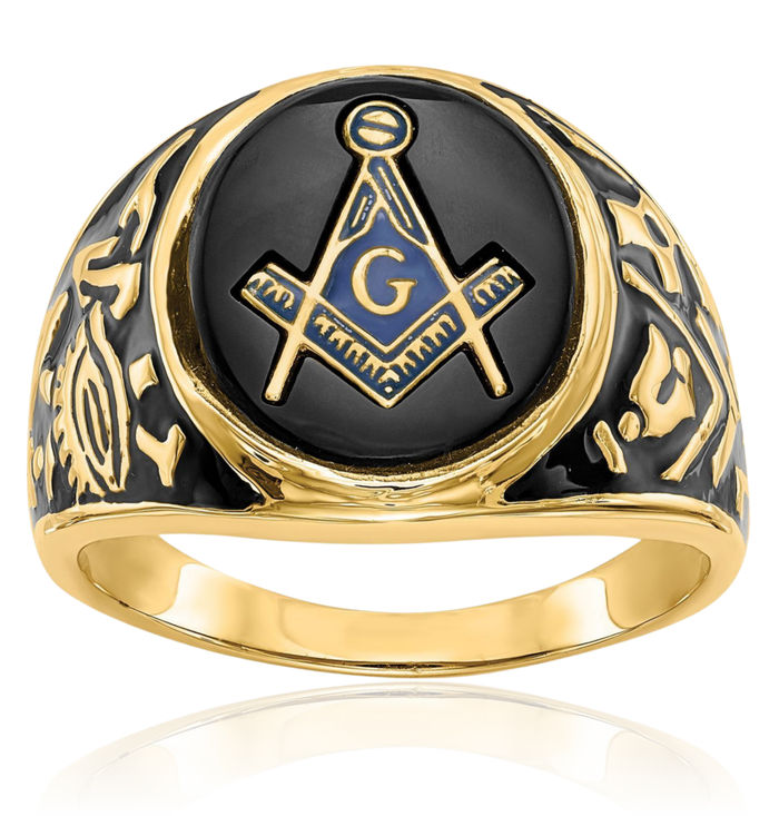 14K Solid Yellow Gold Mens Black Oval Onyx Master Mason Signet Freemason Masonic Ring