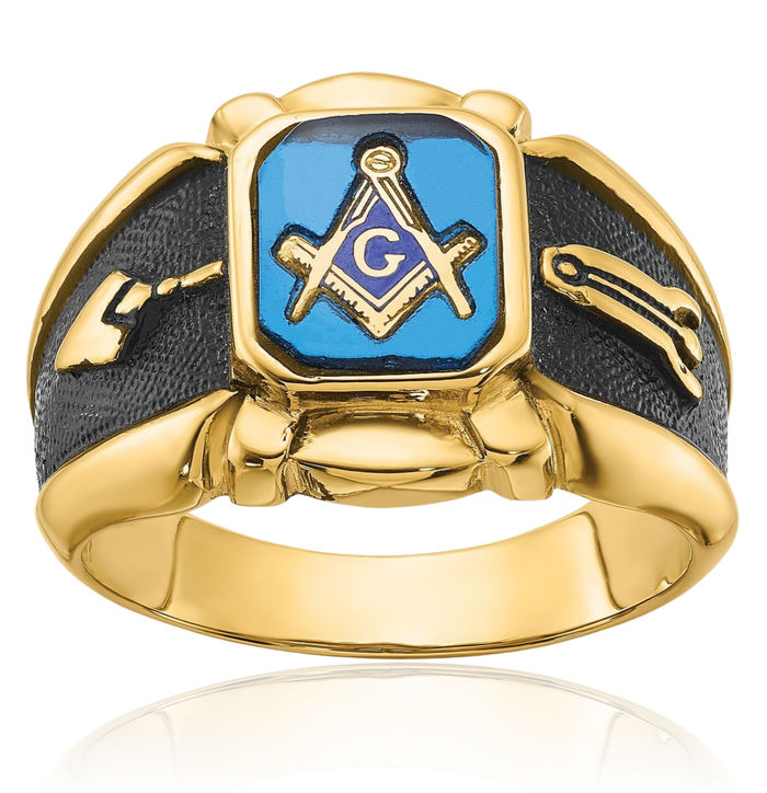 14K Solid Yellow Gold Mens Vintage Blue Spinel Master Mason Signet Freemason Masonic Ring