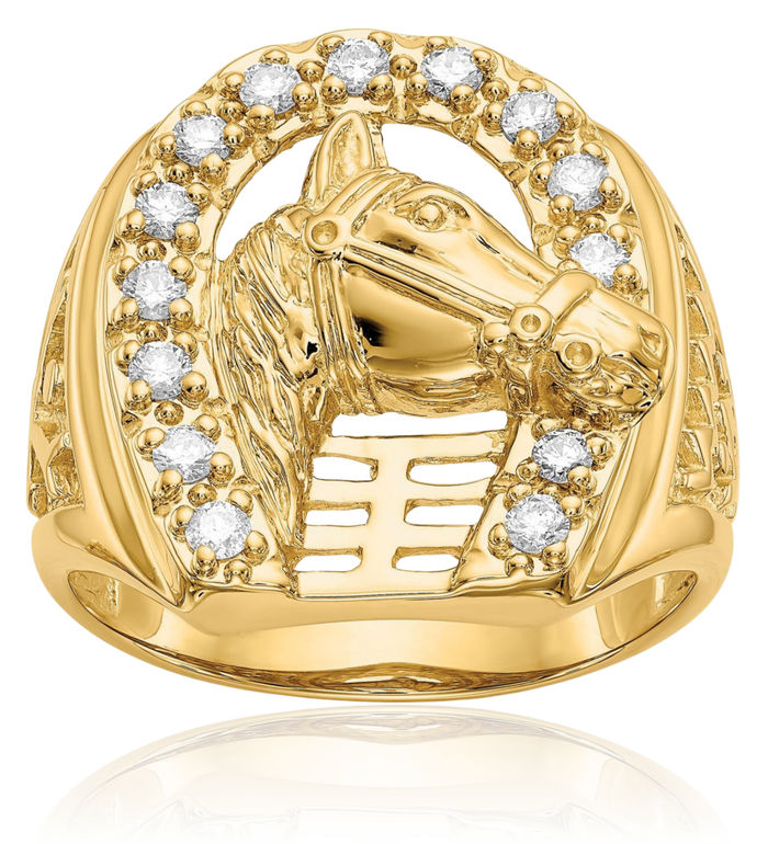 14K Solid Yellow Gold Lab Diamond Lucky Horseshoe Horse Head Mens Ring Animal Lover Equestrian Band