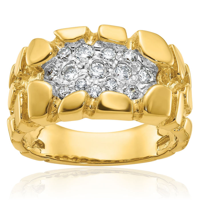 14K Solid Yellow Gold Mens Diamond Chunky Nugget Ring