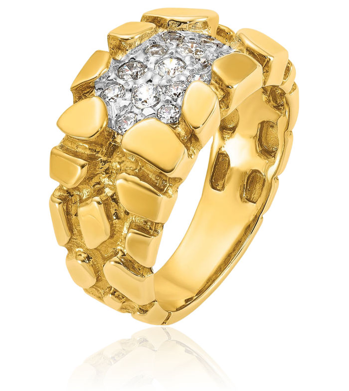 14K Solid Yellow Gold Mens Diamond Chunky Nugget Ring