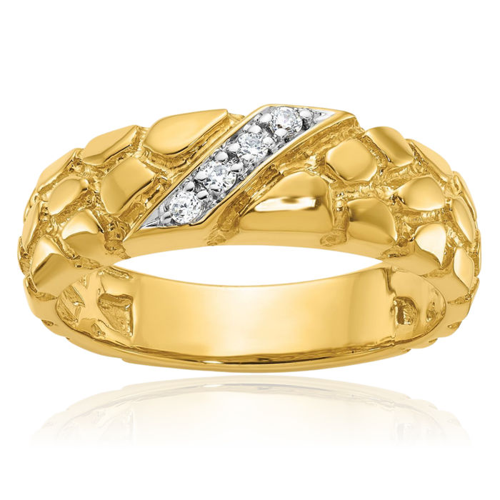 14K Solid Yellow Gold Mens Diamond Chunky Nugget Ring