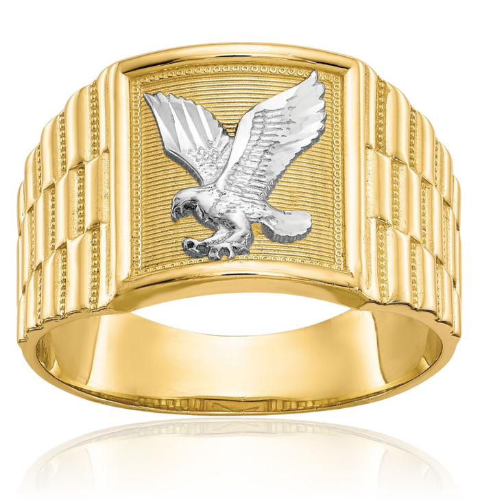 14K Solid Yellow Gold Mens Eagle Ring American Hawk Bird Head Band Symbol of Strength Freedom