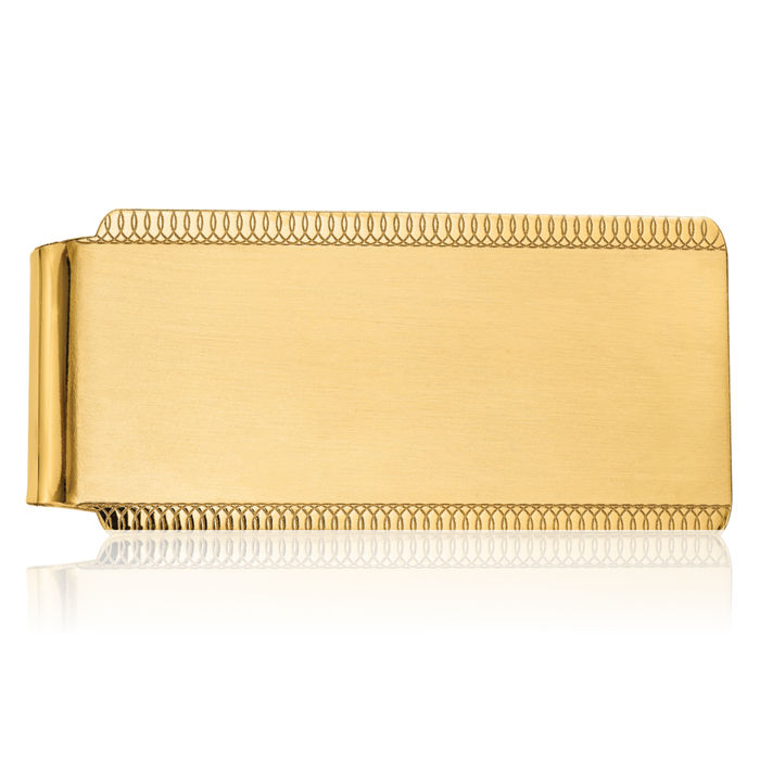 14K Solid Yellow Gold Mens Engraveable Sandblast Edge Money Clip for Men