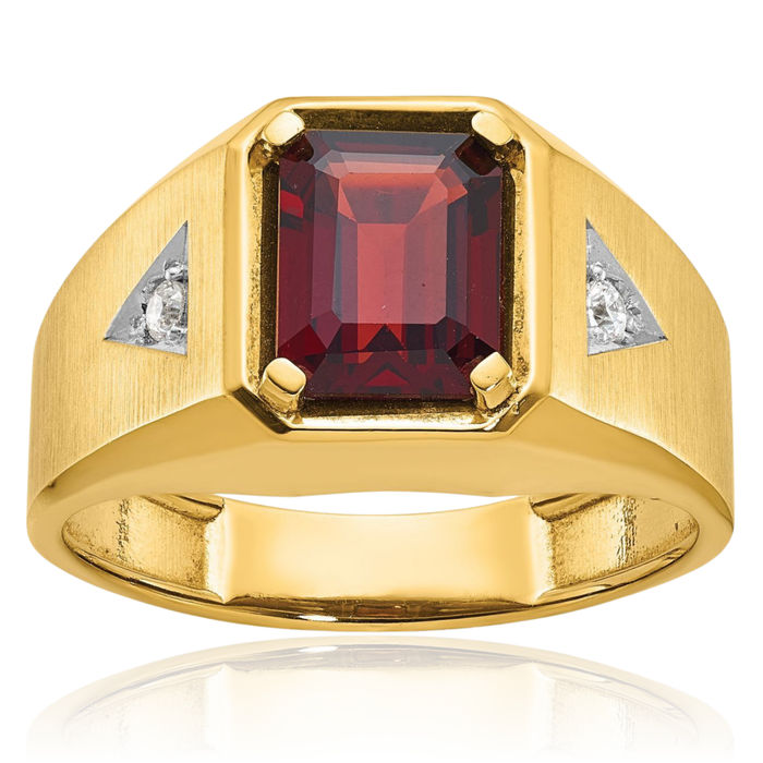 14K Solid Yellow Gold Mens Red Garnet Diamond Statement Ring