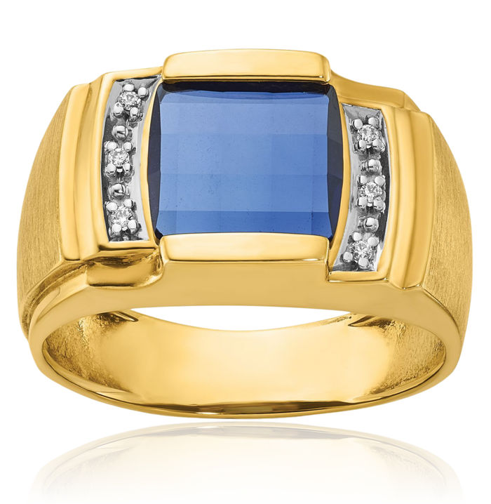 14K Solid Yellow Gold Mens Lab Blue Sapphire Diamond Ring