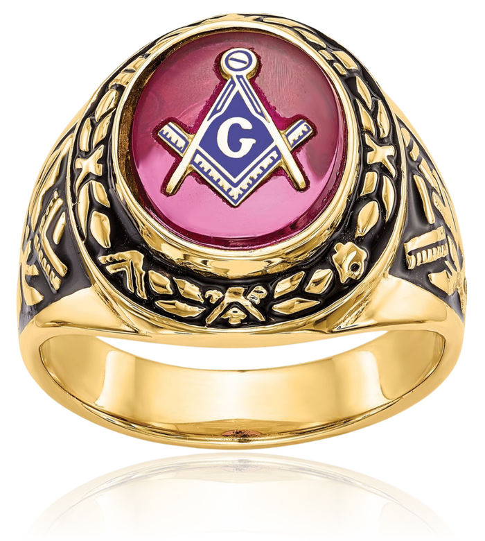 14K Solid Yellow Gold Mens Vintage Lab Red Ruby Master Mason Signet Freemason Masonic Ring