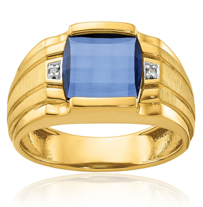 14K Solid Yellow Gold Mens Lab Sapphire Diamond Ring