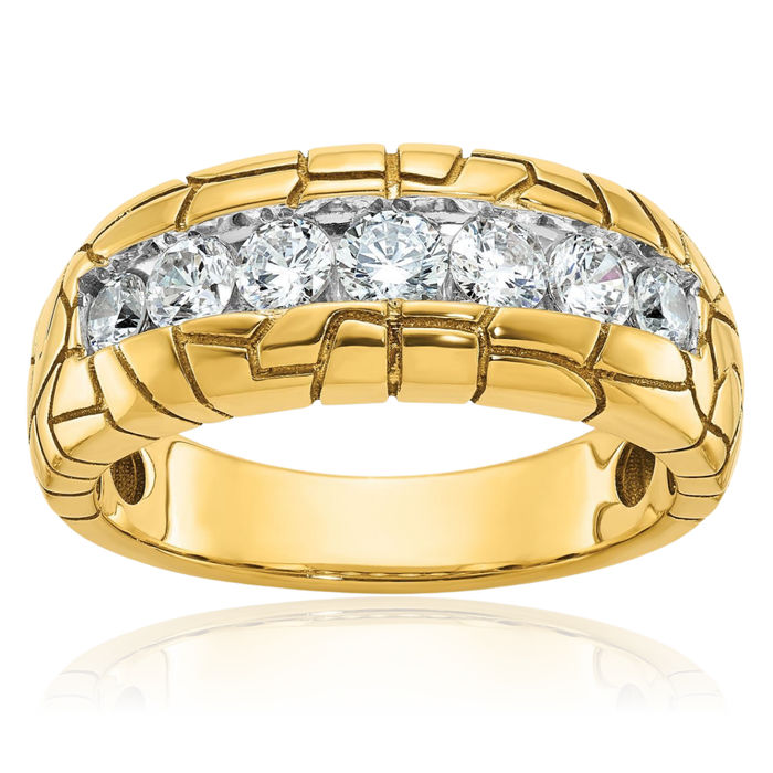 14K Solid Yellow Gold Mens Chunky Nugget 7 Stone Diamond Statement Ring