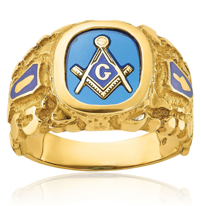 14K Solid Yellow Gold Mens Chunky Nugget Blue Lab Sapphire Lodge Master Mason Signet Freemason Masonic Ring